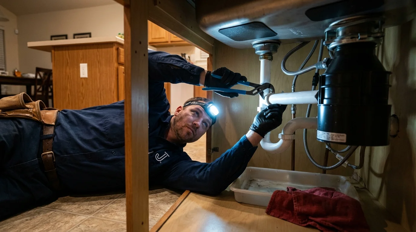 P-trap and supply line connections under a kitchen sink showing a common leak point in Santa Clara, CA